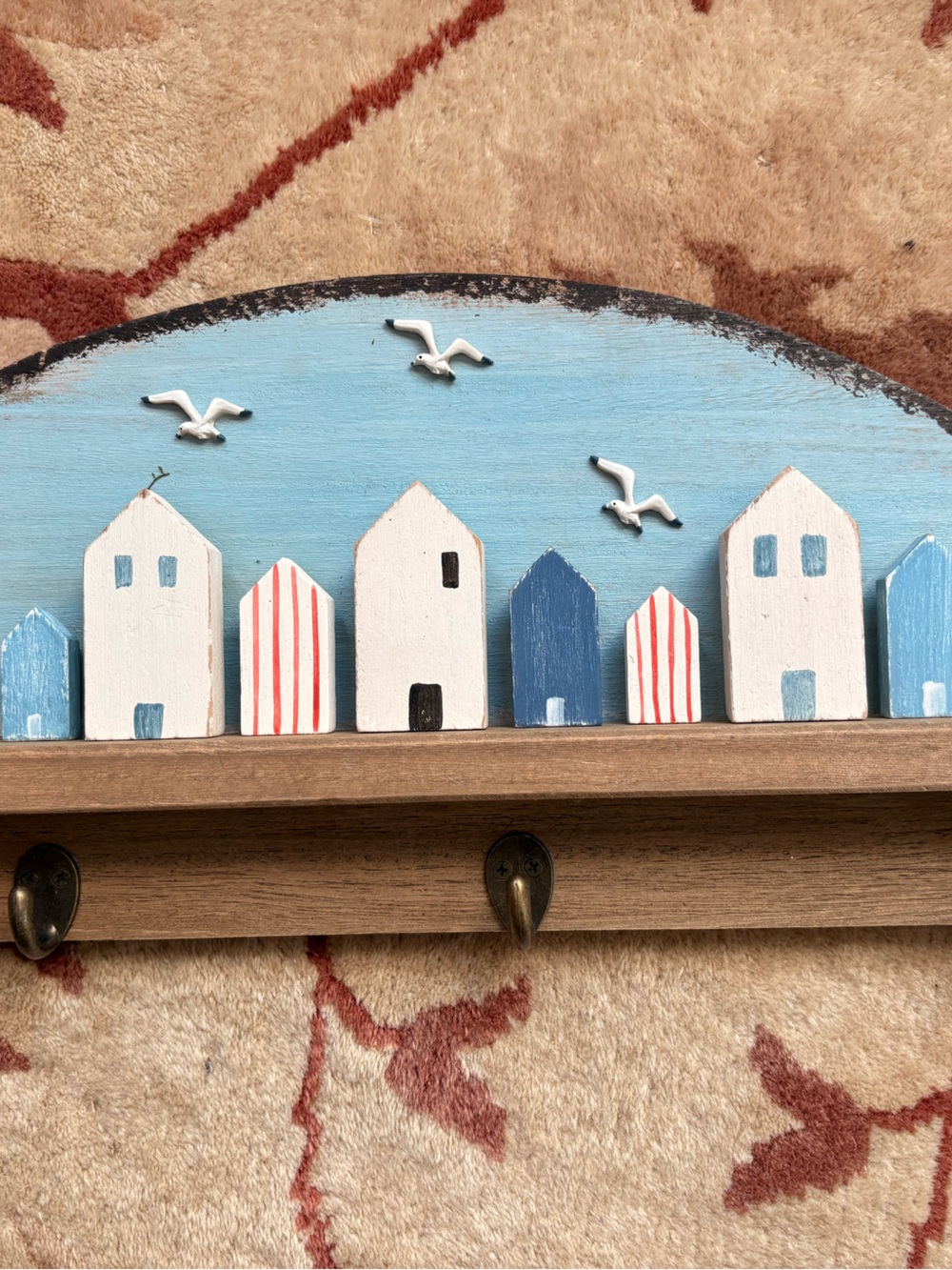 Coastal Beach Sea Ocean House Wooden Handpainted Key Rack - Blue and White